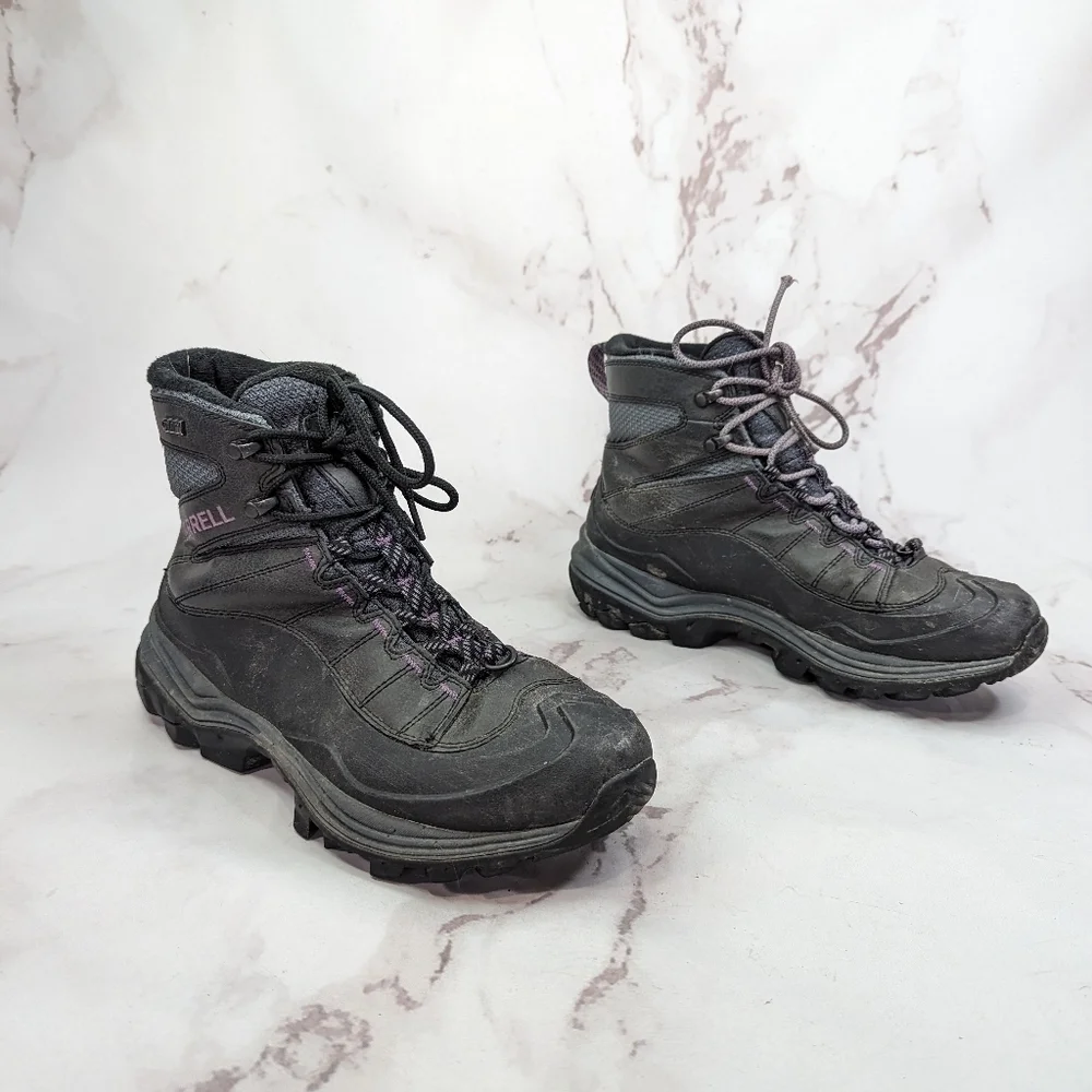Merrell Boots Women 9.5 41 Black Purple Thermochill Mid Hiking Winter Shoe